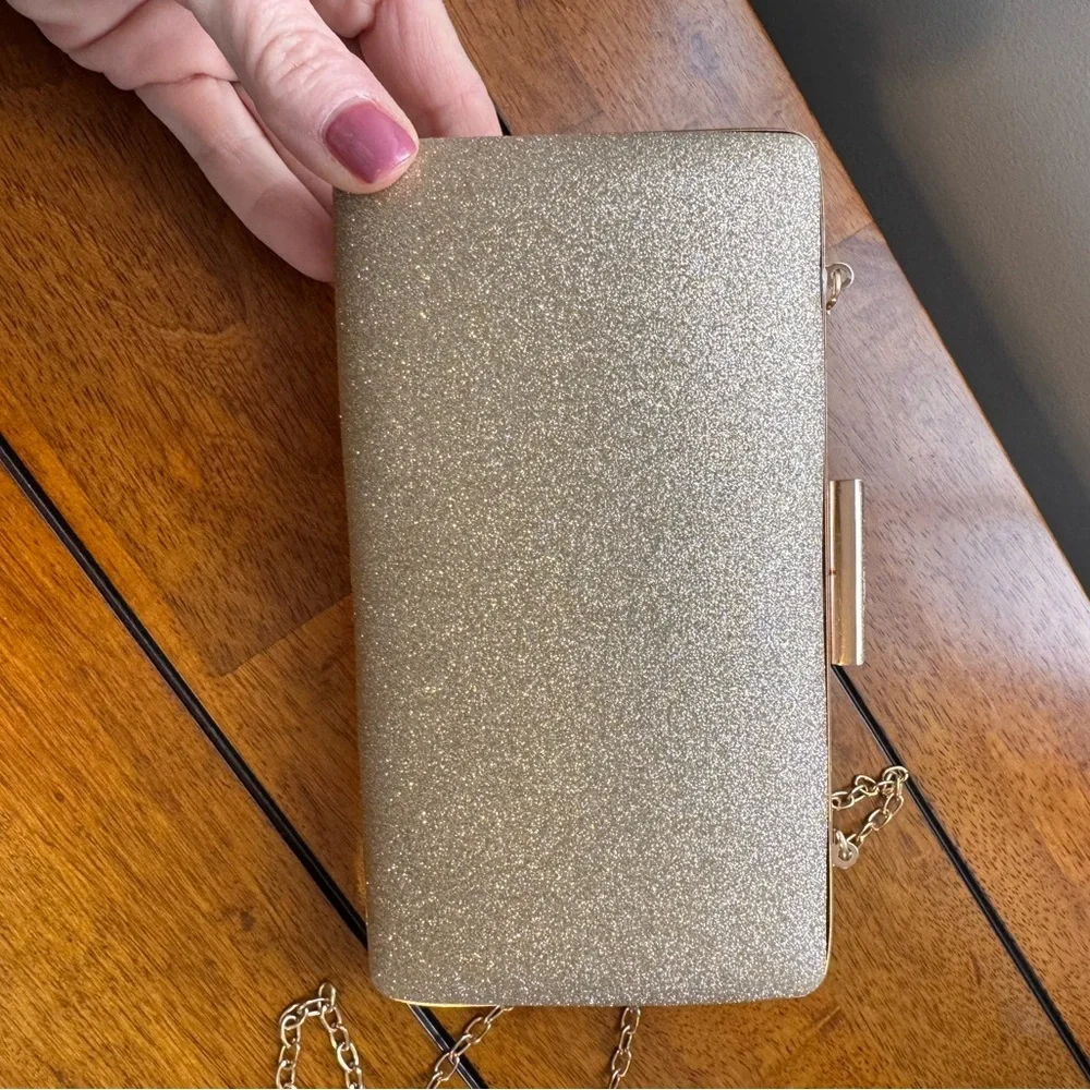 Elegant Gold Glitter Hard Case Evening Clutch Bag Chain Strap Rectangle Shape